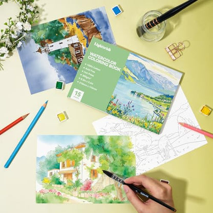 Lightwish Watercolor Coloring Book for Adults & Beginners,100% Cotton 300gsm/140lb Acid-Free Hot Press Paper, 8.3 x 5.6 Inches,15 Sheets,Landscape-Themed - color: Landscape-Themed