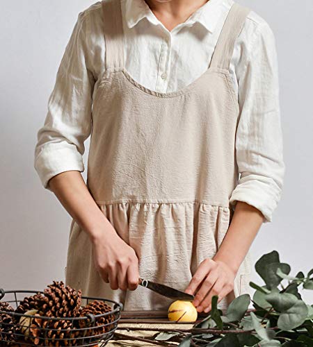 Women Girls Cross Back Apron Gardening Works Cotton Aprons Pinafore Dress - color: Beige
