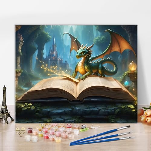 Rebotipy Mysterious Open Book and Dragon Paint by Numbers Adult Canvas Kit | art on 16x20 inch unframed canvas with acrylic paints and 3 brushes; relaxing DIY craft and wall decor. - color: Number06