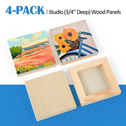4 Pack 4x4’’ Unfinished Birch Wood Panels Kit for Painting | Studio 3/4’’ Deep Wooden Canvas, Cradle Boards for Acrylic Pouring, Art, Crafts, Epoxy Resin, Laser Engraving Cutting - size: 4'' x 4'' Studio
