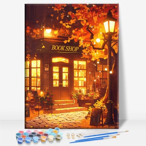 Aeontinity Bookshop Autumn Space Framed Canvas DIY Paint by Numbers Kit Bar Cafe Cave Home Room Wall Bathroom Porch Patio Decor Gift, 16 x 12 Inch - color: BOOKSHOP AUTUMN