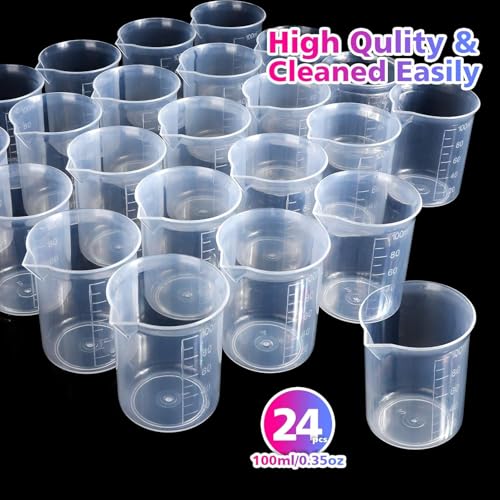 LEOBRO 24 PCS 100ml Resin Measuring Cups, Graduated Epoxy Resin Mixing Cups, Small Plastic Beakers, Plastic Measuring Cup for Paint, Art Craft, Soap Candle Tumbler Making