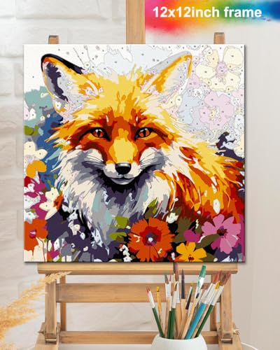 TOCARE Framed Paint by Numbers Kit for Adults & Kids Ages 8-12, 12x12Inch Red Fox Paint by Numbers with Frame, Fox Paint by Number Framed Canvas for Animal Lovers (Without Easel) - color: TC-F-371
