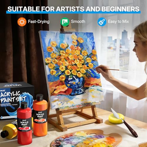 WUO 12 Colors Acrylic Paint Set, 250ml/8.45oz Bottles Artists Acrylic Paint | Large Bulk Rich Pigment Non-Toxic Waterproof Multi-Surface Painting Supplies for Beginners on Canvas Wood Rock Ceramic Crafts - color: 12 Colors