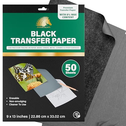 MyArtscape Graphite Transfer Paper 9" x 13" 50 Black Waxed Sheets | Waxed Carbon Paper Graphite Paper with 50 reusable sheets for tracing on canvas, wood, paper, metal and ceramic