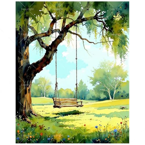 Nature Paint by Numbers Kit for Adults - DIY Wooden Swing Hanging from Tree in Sunny Meadow Painting on Canvas, Acrylic Paint Set for Beginners, Art for Home Decoration or Gifts(8X12IN Framed) - color: HSX00366, size: 8X12IN Framed