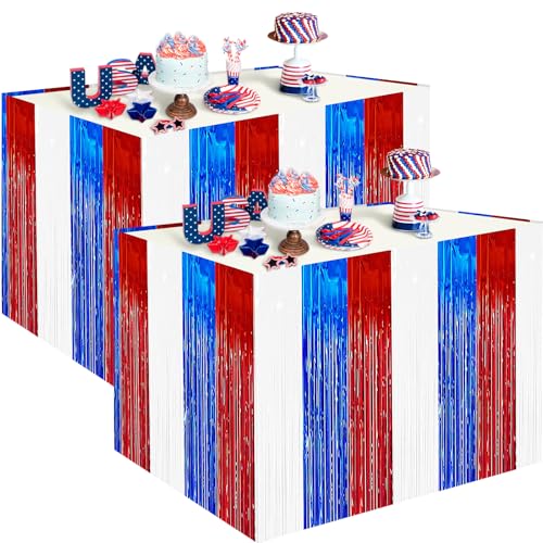 2 Pack 2.5ft x 9 ft Red White and Blue Metallic Foil Fringe Table Skirt, July 4th Patriotic Tinsel Table Skirts Cover for Rectangle and Round Tables, Labor Day, Veterans Day - color: Red White Blue