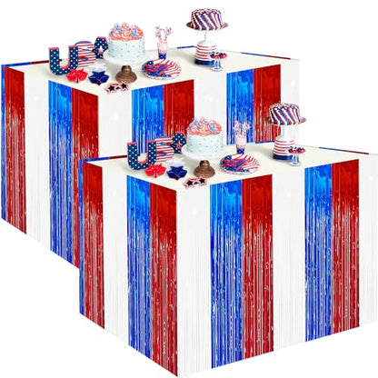 2 Pack 2.5ft x 9 ft Red White and Blue Metallic Foil Fringe Table Skirt, July 4th Patriotic Tinsel Table Skirts Cover for Rectangle and Round Tables, Labor Day, Veterans Day - color: Red White Blue