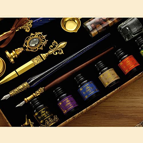 Joyeee Antique Quill Pen Set, with Quill Nibs, Glass Dipped Pen, Wooden Dip Pen, Fire Lacquer Wax Beads, Spoon, Seal Stamp, Pen Base, Cup & Ink Set, Best Gifts for Men & Dad #84 - color: Grey