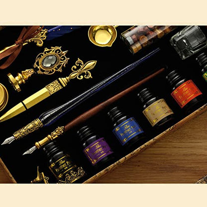 Joyeee Antique Quill Pen Set, with Quill Nibs, Glass Dipped Pen, Wooden Dip Pen, Fire Lacquer Wax Beads, Spoon, Seal Stamp, Pen Base, Cup & Ink Set, Best Gifts for Men & Dad #84 - color: Grey