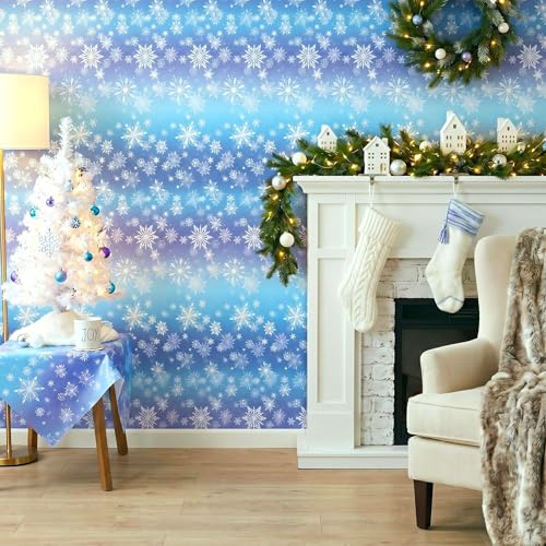 100FT x 54IN Snowflake Plastic Tablecloth Roll with Slide Cutter Box | Heavy Duty Disposable Blue & White Table Cover Wall Backdrop, Cut-to-size for Frozen Birthday Party Supplies - color: Blue and Purple Snowflake, size: 1200" x 54" (Rectangular)