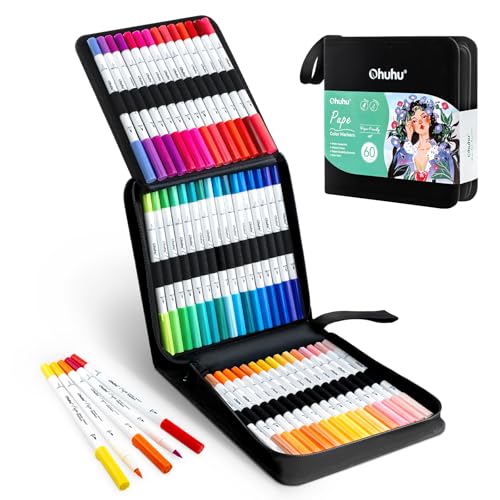 Ohuhu Adult Coloring Book Markers Paper-friendly Water-Based 60 Colors-Pupe | Coloring Markers No Peeling Dual Brush Fine Tips Ohuhu Markers No Bleeding Drawing Pens for Kids Adults Beginner Calligraphy - style: 60 Colors