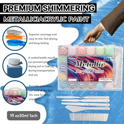 Metallic Acrylic Paint Set of Premium 30 Colors with Boxes, Professional Grade Metallic Paint with 1fl oz（30ml） Bottles, Non-Toxic, Rich Pigments - For Artists, Hobby Painters, Kids