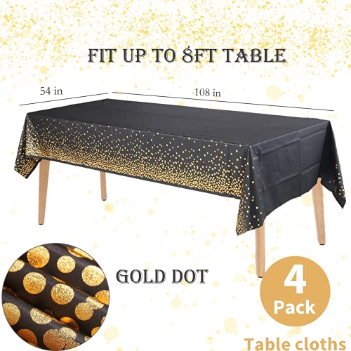 4 Pack Black and Gold Tablecloth for Rectangle Tables Gold Dot Disposable Tablecloths 54" x 108" Plastic Tablecloth Party Table Covers for Birthday Thanksgiving Christmas Wedding Outdoor BBQ Black - color: Black, size: 4 Pack