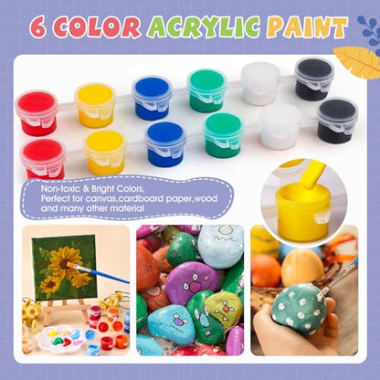 ESRICH 6 Set Mini Acrylic Paint Kit, Mini Stretched Canvas with Easel | Acrylic Paint Strips, Paint Palettes, Painting Brushes, Mini Canvas and Easel Set for Kids Artists Beginner, Gift