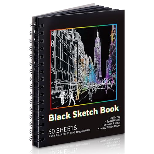 160gsm Black Paper Sketchbook 5.5 x 8.5 in, 50 Acid-Free Drawing Paper | Heavyweight black paper, finely textured, tears cleanly, lays flat, for pencils, chalk, metallic markers - size: 5.5×8.5 Inch (1 Pack )