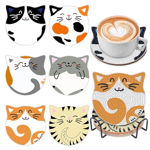 Diamond Art Coasters Kits for Adults with Holder Cork Pads, 6 Pcs Cat DIY ﻿Diamond Art Dots Painting Coasters Kits for Adults Beginners, Ideal - color: Cat Coasters