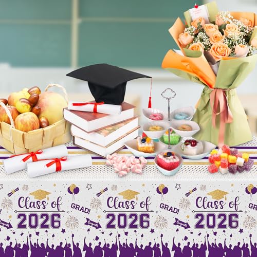Graduation Decorations Class of 2026 Tablecloth - 3 Pcs Plastic Congrats Grad Table Cloth, Graduation Table Cover for Graduations Party Decorations 2026 and Party Supplies, 54"x108" (Purple and Gold) - color: Purple and Gold