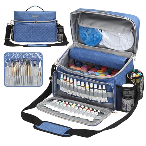 Art Supplies Organizer Storage Bag with Detachable Paint Brush Holder & Partition - Carrying Case for Home/Travel/Outdoor Fits Marks, Acrylic Paint, Palettes, Folding Buckets, Portfolios (Pro Blue) - color: Pro Blue