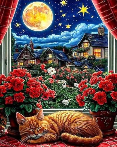 ZRIZQ Paint by Numbers Kit for Adults Beginner,Moon Cat,16x20 | Full set with wooden brushes,rolled canvas,rich paints.Calming activity.Beginner friendly.Just open and paint. - color: 16"X20"Rolled Canvas(Frameless)-Moon Cat