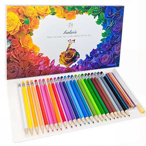 24 Mechanical Colored Pencils with 24 Refills, Oil-Based Soft Core | 48 Pcs Total with Sharpener for Artists, Adult Coloring Books, Drawing, Sketching, and Art Supplies with Brilliant Colors - color: 24 Mechanical Colored Pencils