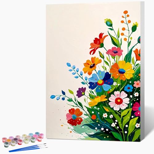 Possoco Framed Paint by Numbers Kit for Adults Beginner & Kids, Flowers Easy Adult Paint by Number Kits on Canvas, DIY Colorful Acrylic Number Painting for Adults for Home Decor Gift 8x12 Inch - color: DG-OP-F-ColorfulFlowers-2030