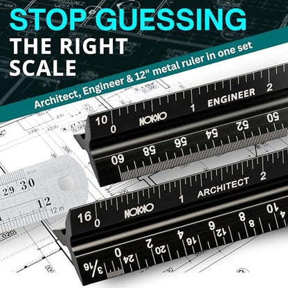 Architectural Scale Ruler and Engineering Scale Ruler Set, 12-Inch, 3-Piece | Architect and engineer scale ruler set with a 12-inch stainless steel ruler for drafting, blueprints and construction plans