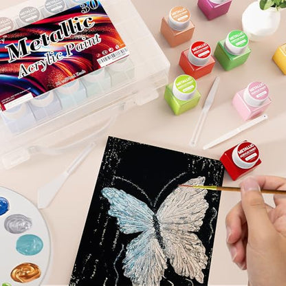 Metallic Acrylic Paint Set of Premium 30 Colors with Boxes, Professional Grade Metallic Paint with 1fl oz（30ml） Bottles, Non-Toxic, Rich Pigments - For Artists, Hobby Painters, Kids