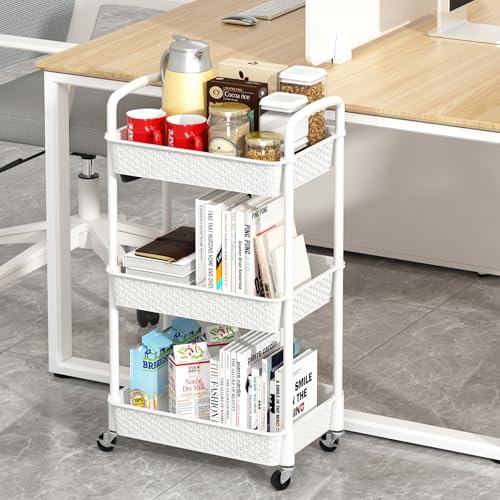 MOYIPIN 3-Tier Plastic Rolling Utility Cart with Handle,Utility Storage Cart for Office, Living Room, Kitchen,Movable Storage Organizer Shelves,White | Utility Storage Cart for Office, Living Room, Kitchen,Movable Storage Organizer，Easy installation，Ratta