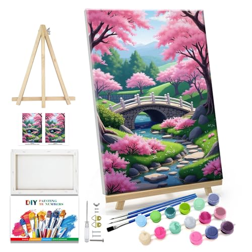 JOOZ Landscape Paint by Numbers Kit for Adults with Frame, 8x12 Inch - color: Cherry Blossom 075