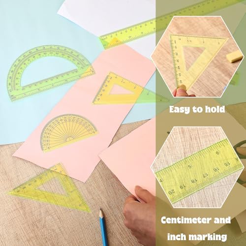Zonon 7‑Piece Geometry Set with Drawing Compass, 6 & 4 Inch Protractors, Triangle Rulers and Straight Rulers, Transparent Math Drafting Supplies for Back to School, Students and Office Use(Yellow) - color: Yellow