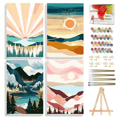 JULOUYN 4 Pack National Park Paint by Numbers Kit for Adults with Framed, Sunset Sunrise Mountain Easy Paint by Number Kits On Canvas with Wooden Easel, Painting by Numbers for Beginner Gift 8x12 in | Easy to piant for beginners elderly, with Easel & Magn