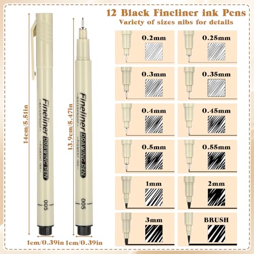 12 Pcs Fineliner Drawing Art Pens Black Waterproof Pigment Ink Set