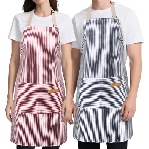 2 Pack Kitchen Cooking Aprons, Soft Aprons for Women Men with 2 Pockets Chef Apron with Adjustable Neck Strap and Long Tie - color: Blue/Pink
