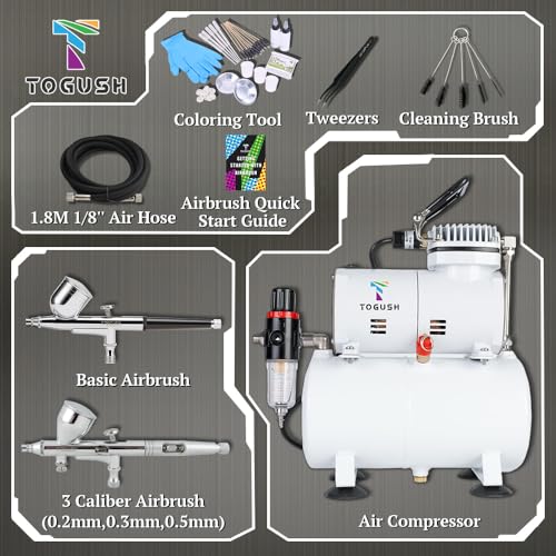 Airbrush Kit with Compressor and Tank, Dual Action Airbrush Set | 3L Tank Compressor with Two Airbrushes and 0.2/0.3/0.5mm Nozzles for Model Painting, Hobby and Craft Projects