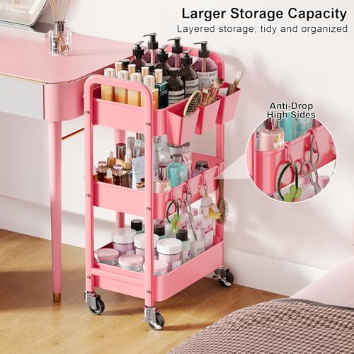 3 Tier Rolling Cart with Wheels, Metal Utility Storage Cart on Wheels, Craft Carts Organizer with Hanging Cups, Hooks, Three Tiered Rolling Carts for Bathroom, Laundry Room, Nursery, Office, Pink - color: Pink