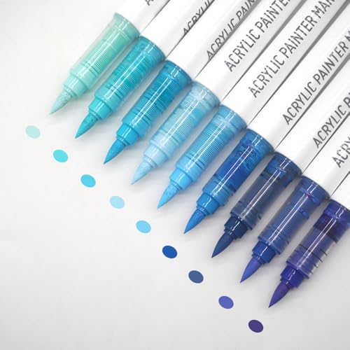 Water Based Acrylic Paint Markers Blue, 9 Colors Paint Pen Set | Sea Salt Blue Series, Soft Brush Tip, Smooth Writing, Marker Pen for Rock Painting, Egg, Wood, Glass, Mugs, Black Paper - color: Blue Series