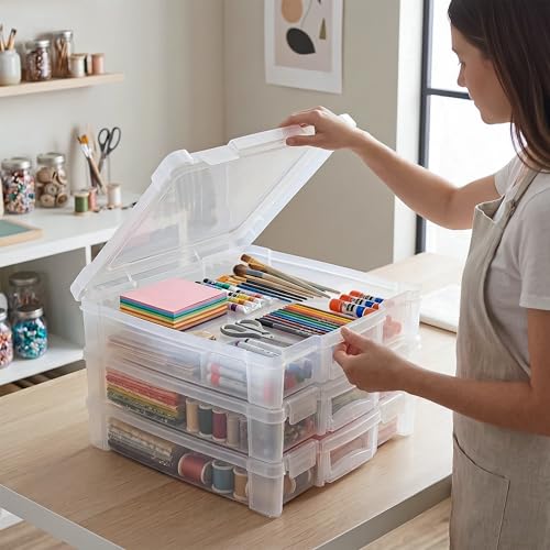 ArtBin 6913ZZ 12" x 12" Portable Art & Craft Organizer with Handle 3-Pack, [3] Plastic Storage Cases, Clear - size: 12" x 12" - 3-Pack