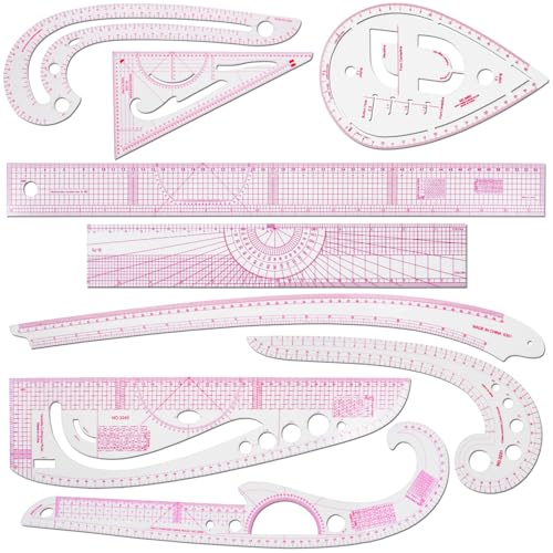 KISEER 9 Pcs Clear Metric Sewing Ruler Set French Curve Pattern Making Ruler Kit for Knitting Tailors Crafting Dress Designers Sewing Beginner Supplies (9 Pcs - B) - size: 9 Pcs - B