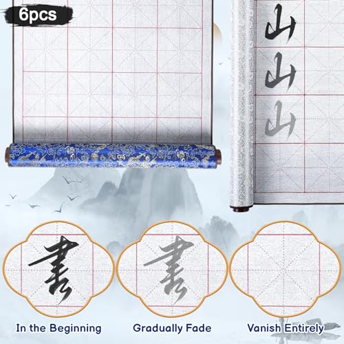 Jaloro Chinese Calligraphy Water Writing Cloth Set, 6 Pcs | No Ink Reusable Practice Scroll Canvas with Brushes and Water Dishes for Beginners