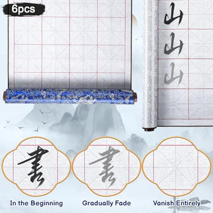 Jaloro Chinese Calligraphy Water Writing Cloth Set, 6 Pcs | No Ink Reusable Practice Scroll Canvas with Brushes and Water Dishes for Beginners