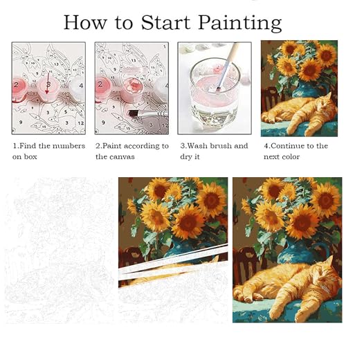 ZRIZQ Paint by Numbers Kit for Adults Beginner,Cat Sleeping Sunflower,12x16 | Full set with wooden brushes,rolled canvas,rich paints.Calming activity.Beginner friendly.Just open and paint. - color: 12"X16"Rolled Canvas(Frameless)-Sunflowers Cat