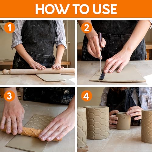 Byllstore Extra Large Clay Texture Rollers with Pottery Stamps | 3 Texture Rollers | 6 Clay Stamps | 3-Pack (9" x 1.2", 3 Pack) - color: 3 Pack | 9" x 1.2" | Fish Scale, Moroccan & Honeycomb