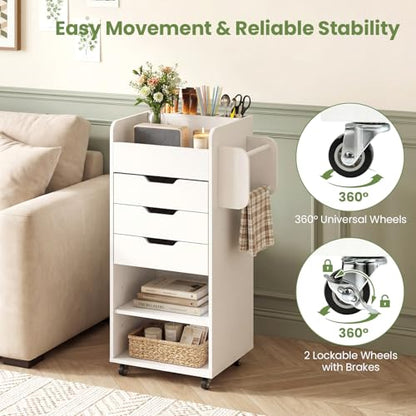 Giantex Craft Storage Cart - Utility Organizer Cart with 3 Drawers, 3 Shelves, 3 Slotted Compartments, 2 Rolling Rods, Crafting Sewing Cabinet on Wheels for Wrapping Paper Scrapbook Ribbon (White) - color: White