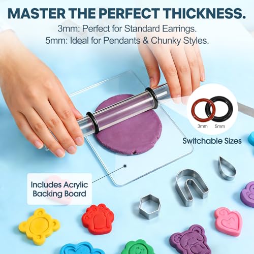 Dobur Polymer Clay Tool Set 19 Pcs Acrylic Roller Cutters for Clay Earrings | Acrylic roller, thickness rings, cutters, grid guide, blades and Teflon sheets for polymer clay earrings