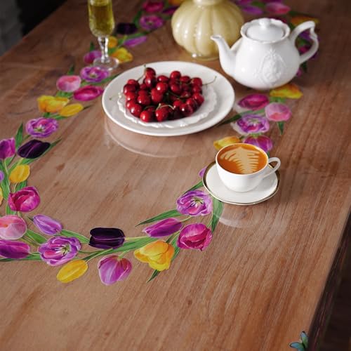 Clear Table Protector Cover Vinyl Tulip PVC Tablecloth, 52“x70” | Dining Room, Kitchen Meals, Tabletop Protection, Easy Cleanup, Brunch, Parties, Holiday Gatherings, Everyday Use - color: Tulip, size: 52" x 70" (Rectangular)
