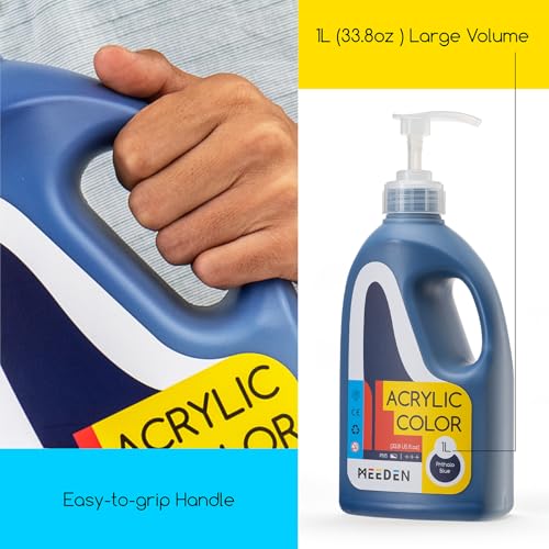MEEDEN Phthalo Blue Acrylic Paint: 1 L /33.8 oz Satin Liquid Paint with Pump Lid - Soft Body Art Paints for Canvas, Studio, School, Wall & Poured Paintings - color: Phthalo Blue