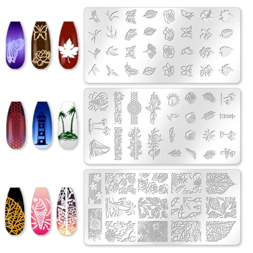 3Pcs Floral Leaves Nail Stamping Plate Set Lace Seaside Nail Stamp Templates French Tip Nail Art Stamp Plates Butterfly Image Plate Reusable Tools with Stamper Scraper for Manicure Printing - style: Botanical Style