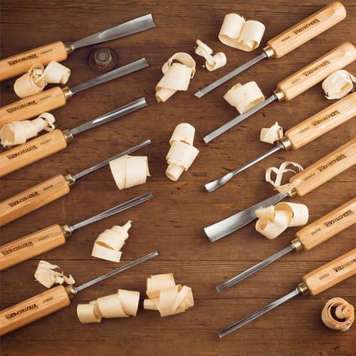 12-Piece Wood Carving Chisel Tools Set, Sharp CR-V Steel Blades | Precision woodworking tool kit with ash handles & canvas bag. Razor sharp 60CR-V blades for beginners and professionals - size: 12-Piece with Ash Handle