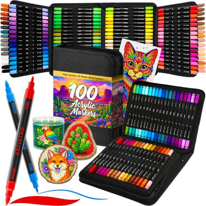 ARTISTRO 100 Dual-Tip Acrylic Paint Marker Pens with Storage Bag | Brush & Fine Precision Tips, Painting & Calligraphy, Multisurface for Fabric, Rock, Glass Painting, Wood, DIY, Craft, Canvas